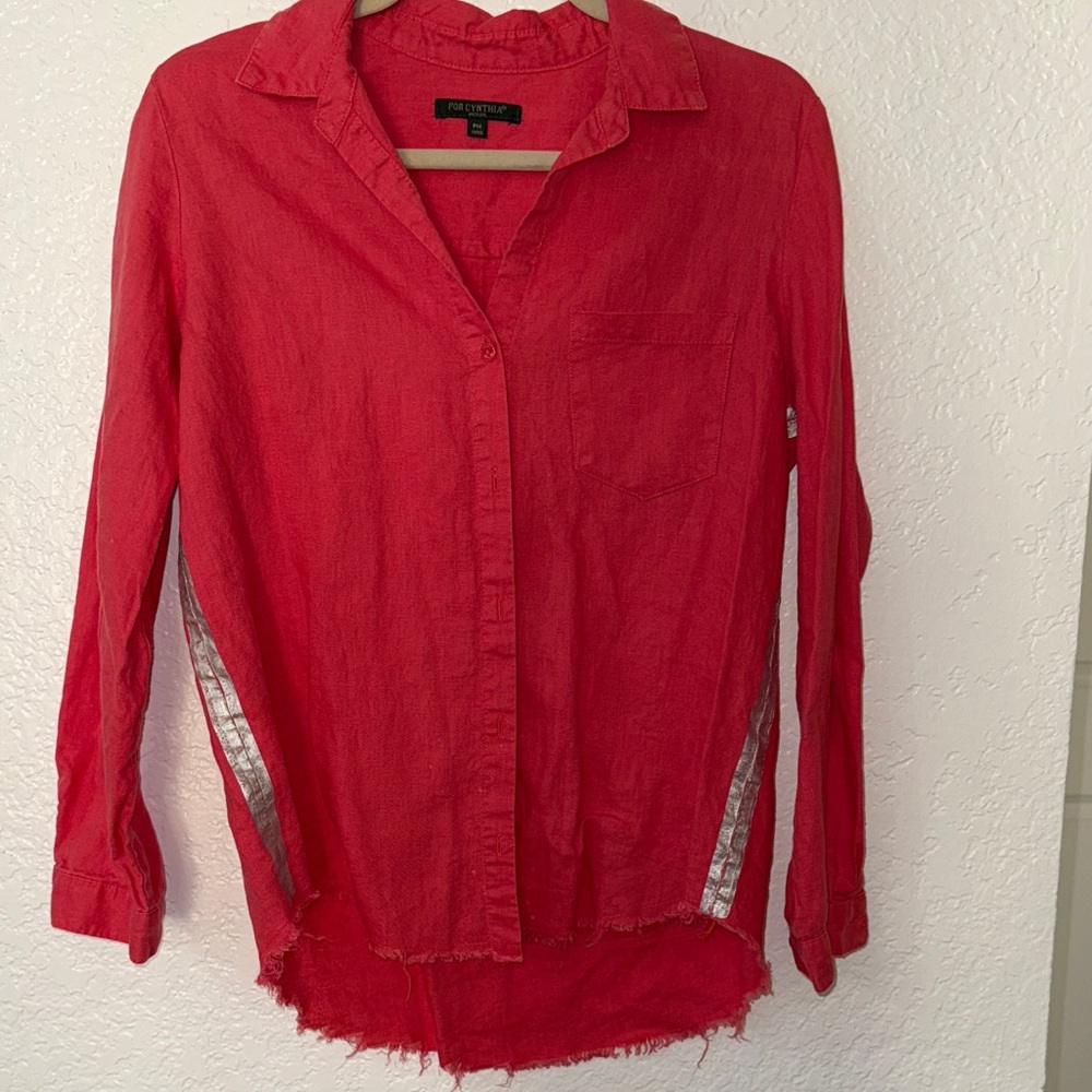 For Cynthia  Vibrant coral Button-Down Shirt with frayed hemline